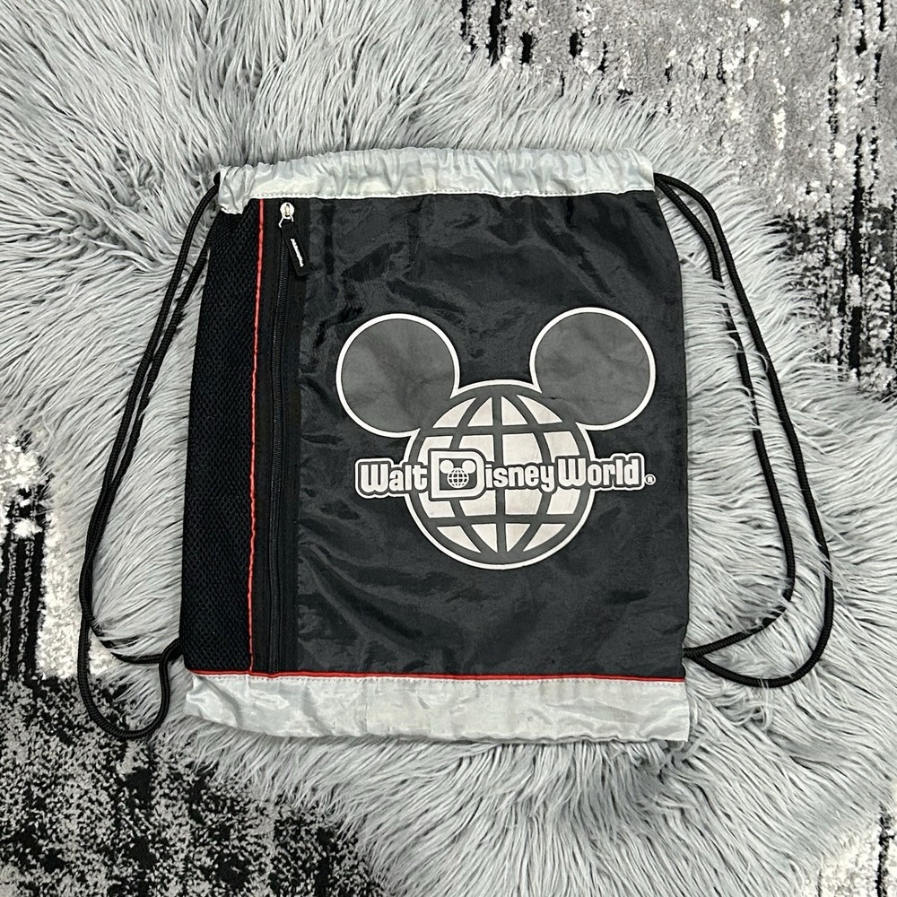Walt Disney World Drawstring Backpack Y2K Vintage Grey Black Zipper Pocket
